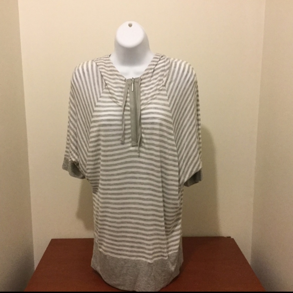 NYC New York & Company Hooded Stripped Shirt | M | Grey & White